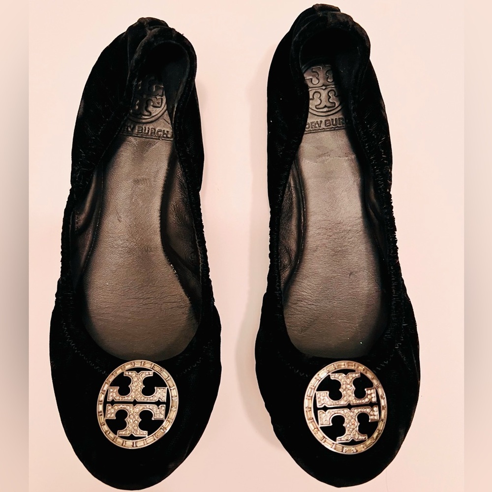 TORY BURCH BLACK VELVET MINNIE TRAVEL BALLET PAVE CRYSTAL ACCENTS 7M EUC!
